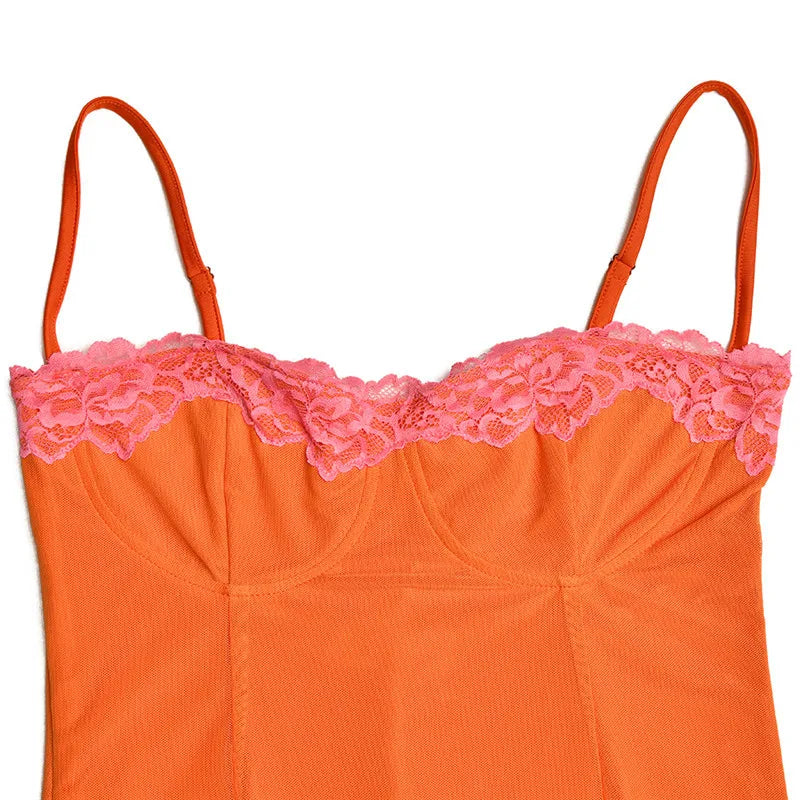 Lace Spaghetti Strap Mesh Midi Dress