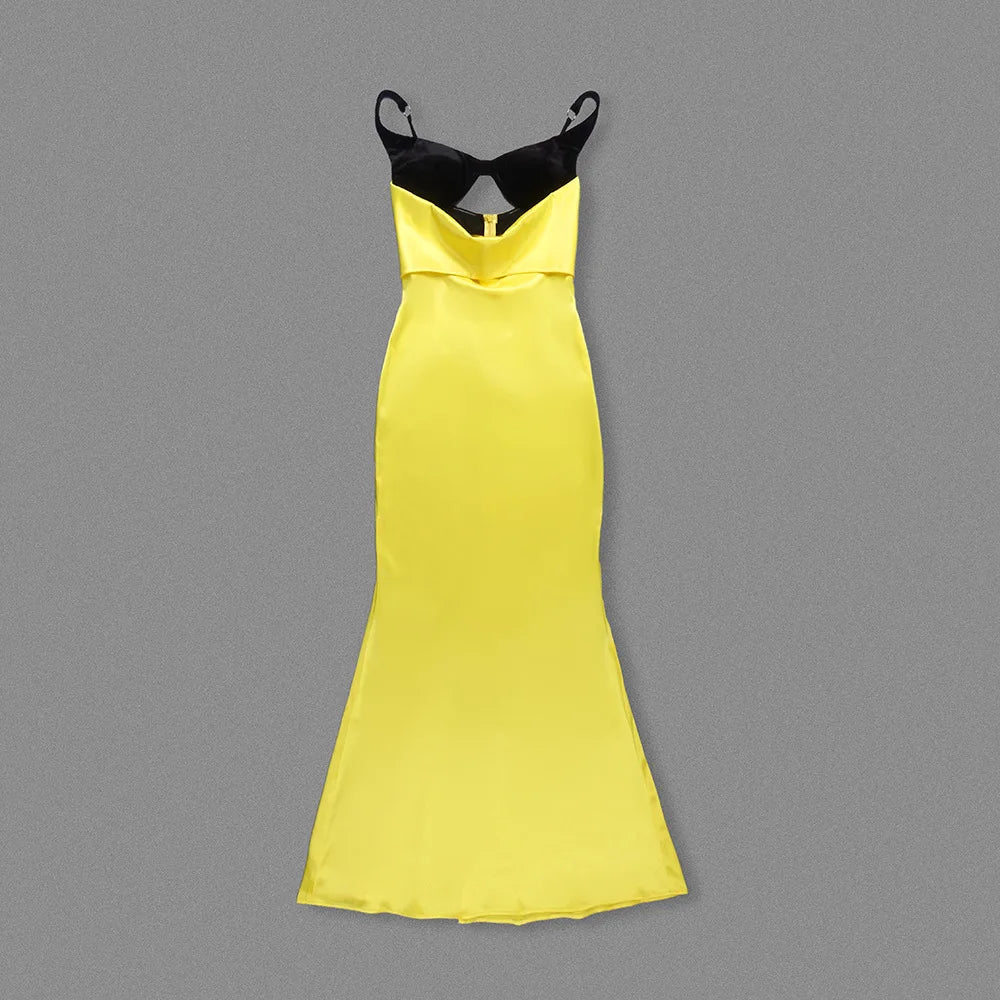 Two Tone Patchwork Cut Out Satin Maxi Dress