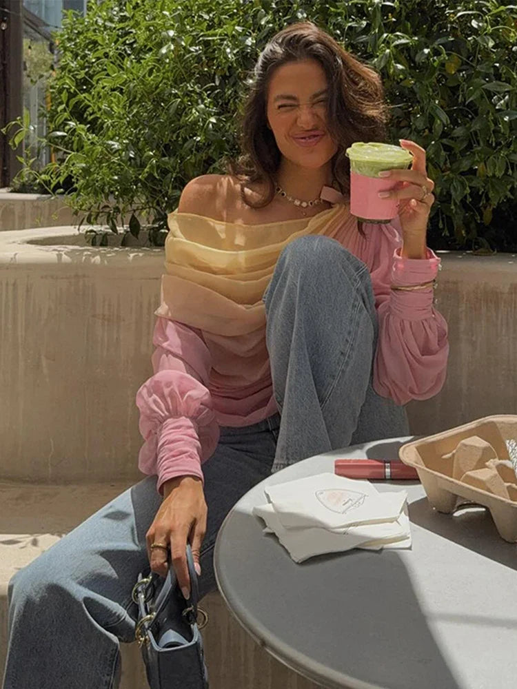 Ombré One Shoulder Long Sleeve Top