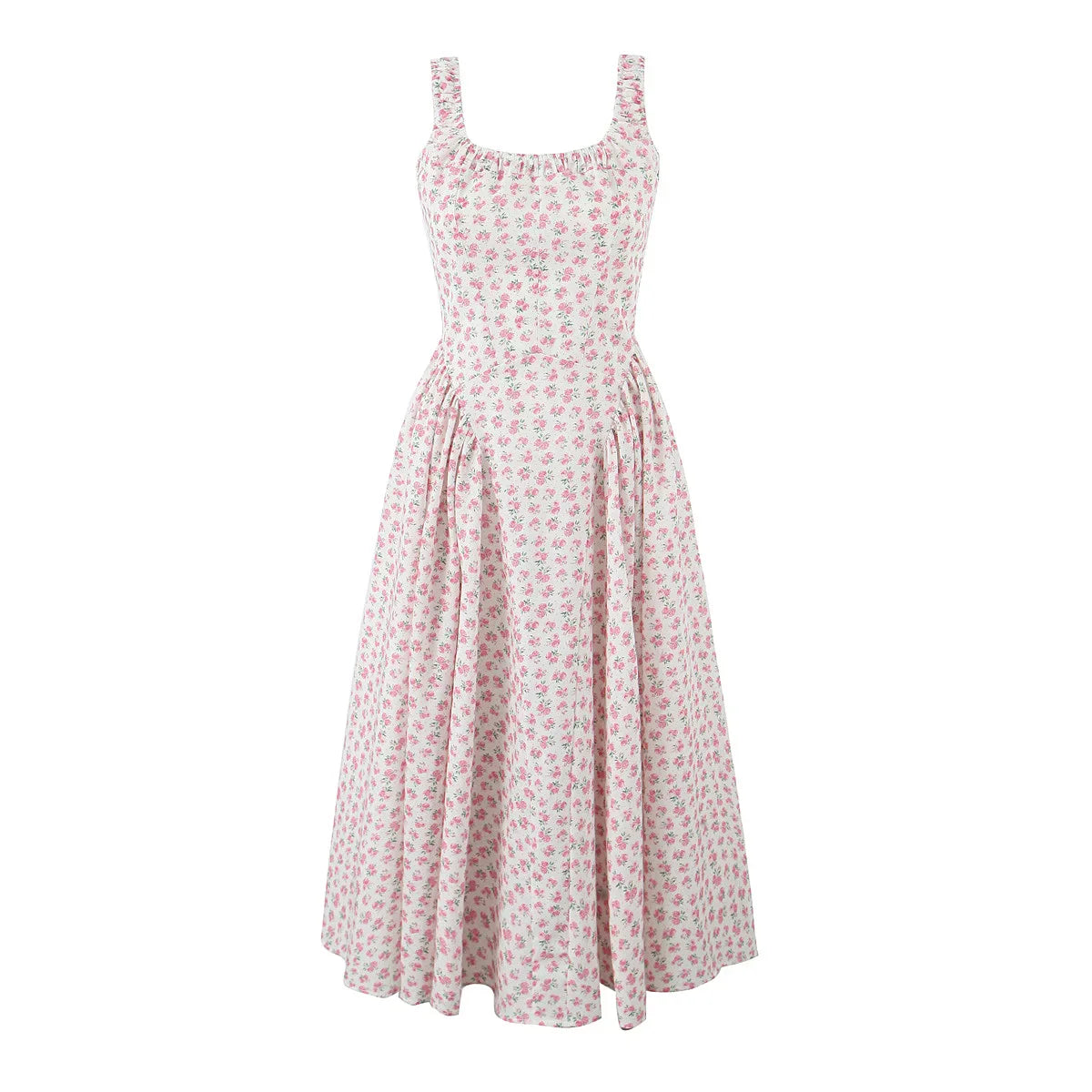 Floral Print Square Neck Strap Flare Midi Dress