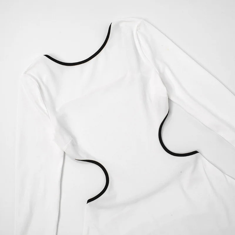 Contrast Trim Side Cut Backless Long Sleeve Mini Dress