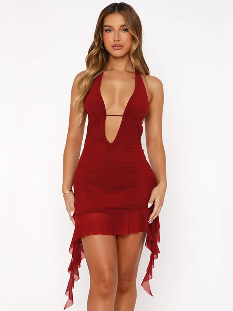 Deep V Neck Ruffle Mini Dress