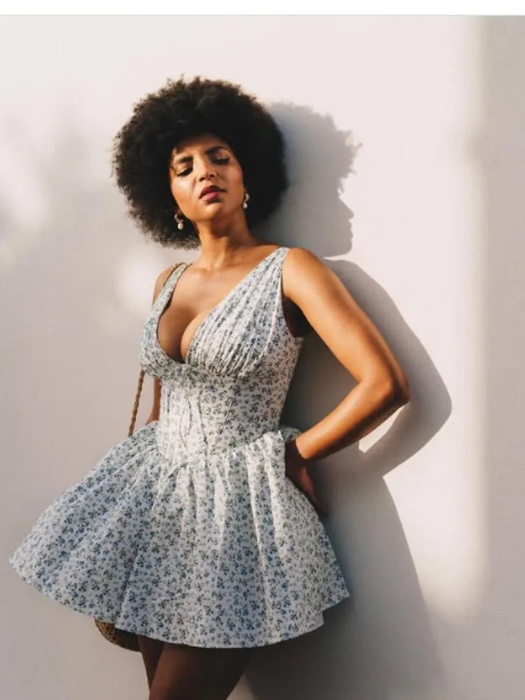 White Deep V-neck Blue Floral Print Mini Dress
