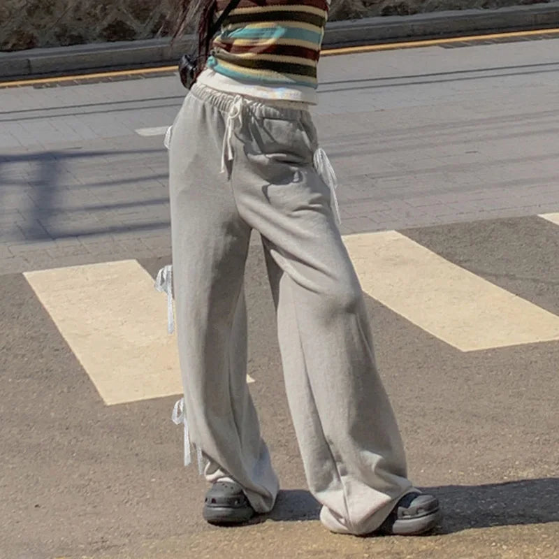 Grey Stripe Ribbon Drawstring Sweatpants