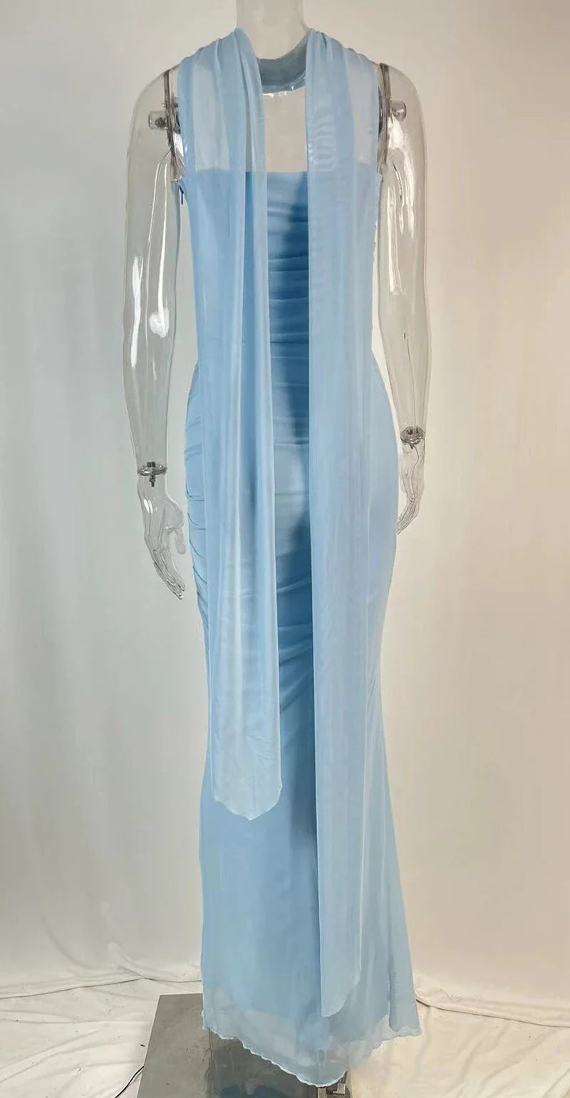 Corset Top With Long Scarves  And Body-con Midi Skirt Set