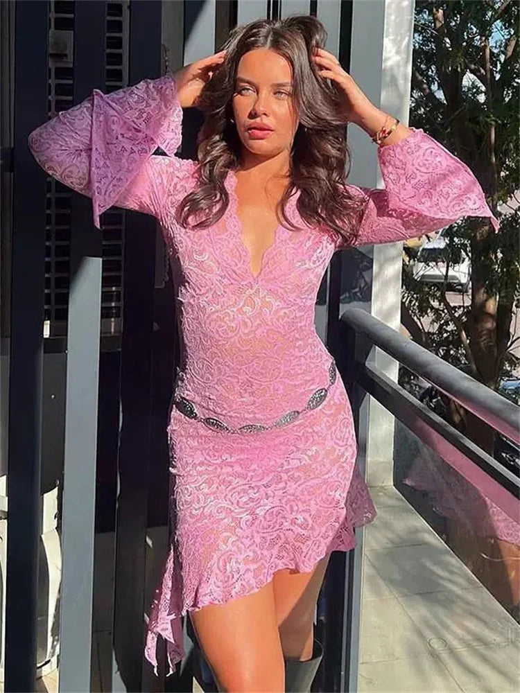 Lace Ruffles Long Sleeve Mini Dress