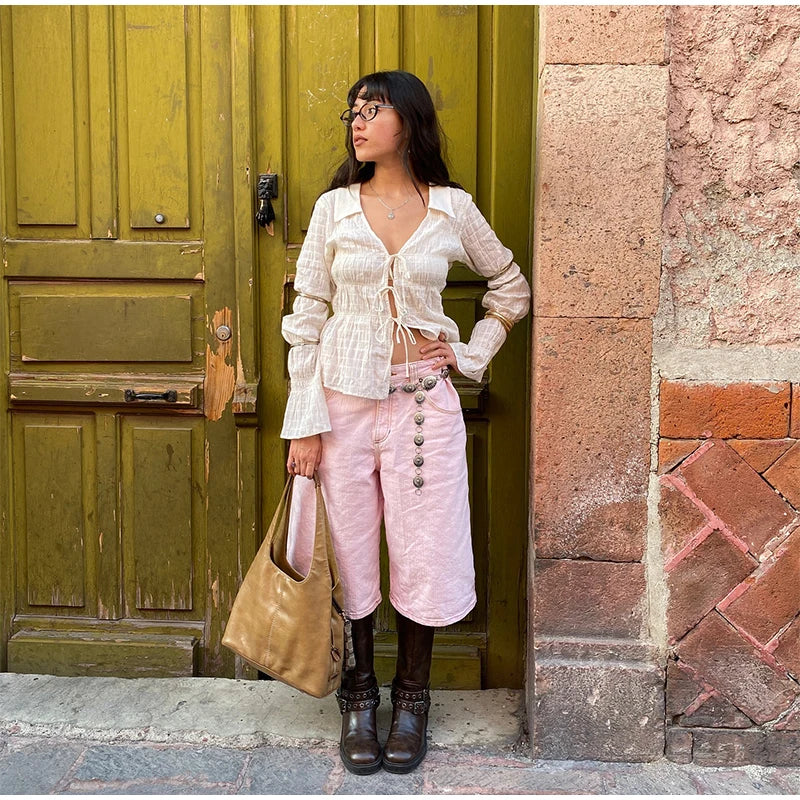 White Ruched Tie Up Long Sleeve Top