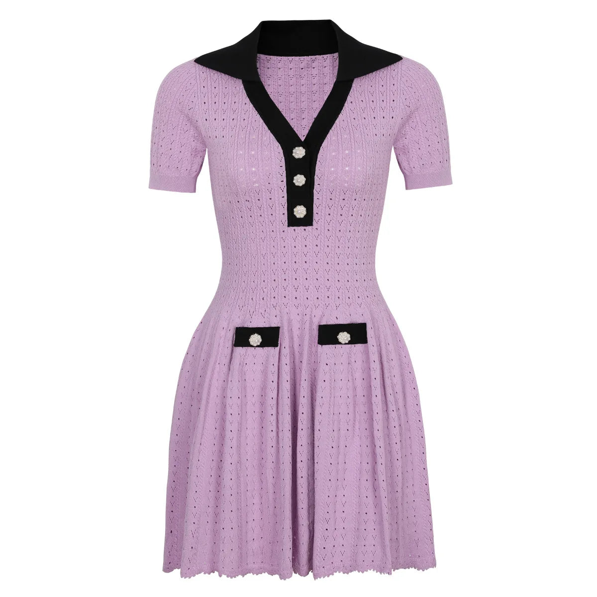 Contrast Trim Button Knit Collar Mini Dress