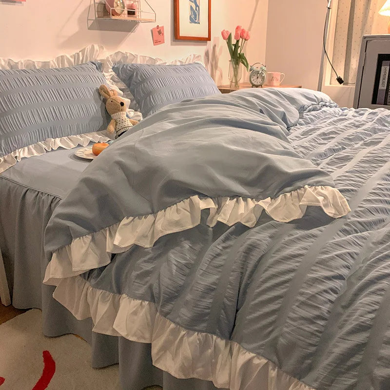 Pink Ruffled Seersucker Duvet Cover Set 3/4pcs Soft Lightweight Down Alternative Grey Bedding  with Bed Skirt and Pillowcases