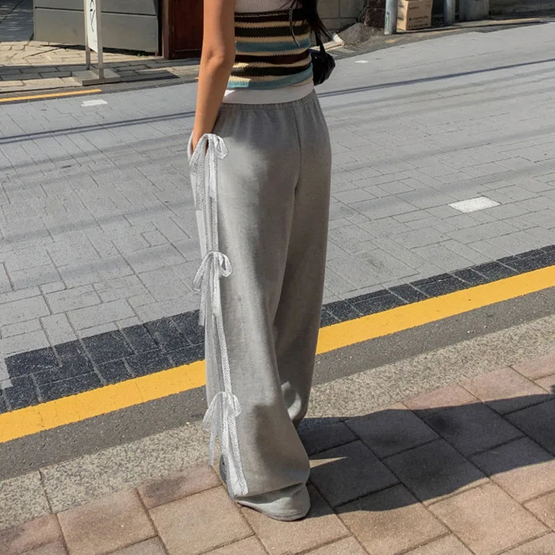 Grey Stripe Ribbon Drawstring Sweatpants