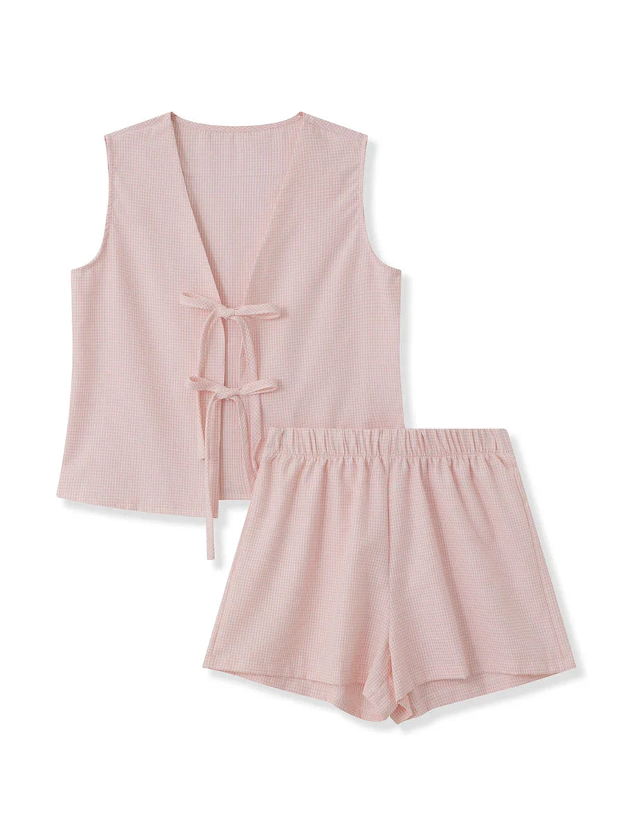 Plaid Tie Up Top And Shorts Set