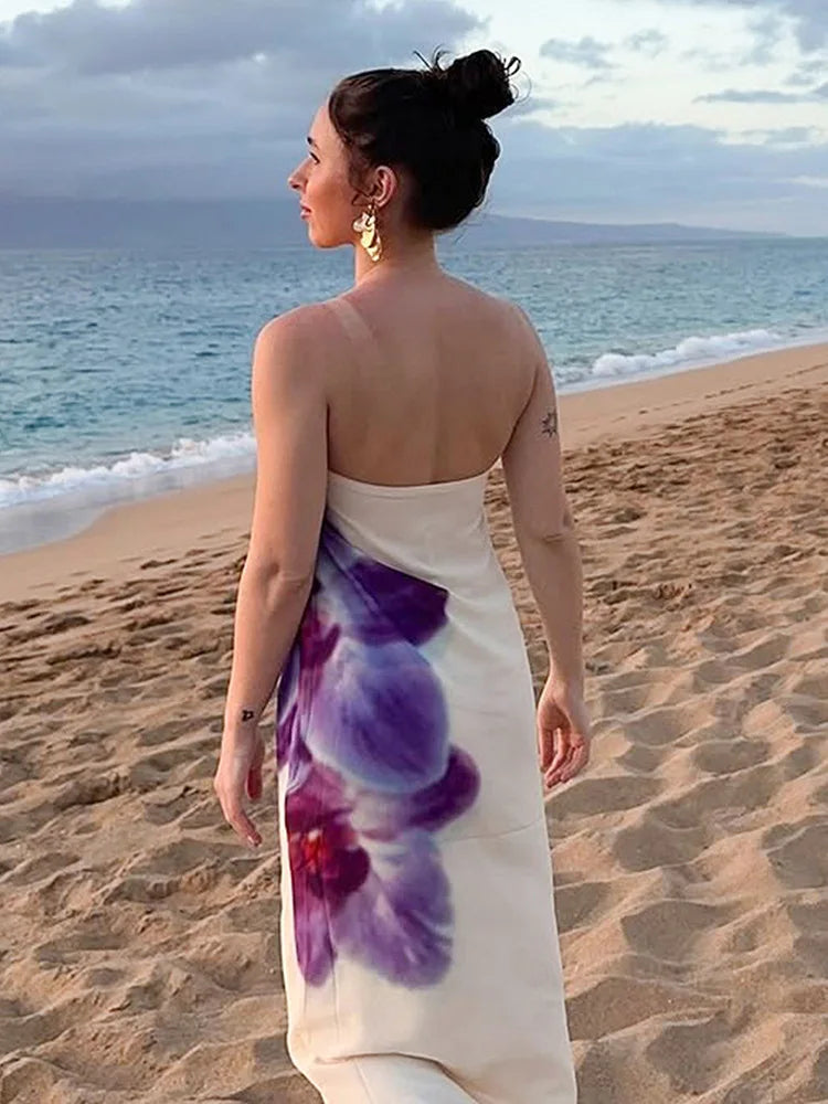 Orchid Floral Print Strapless Straight Maxi Dress