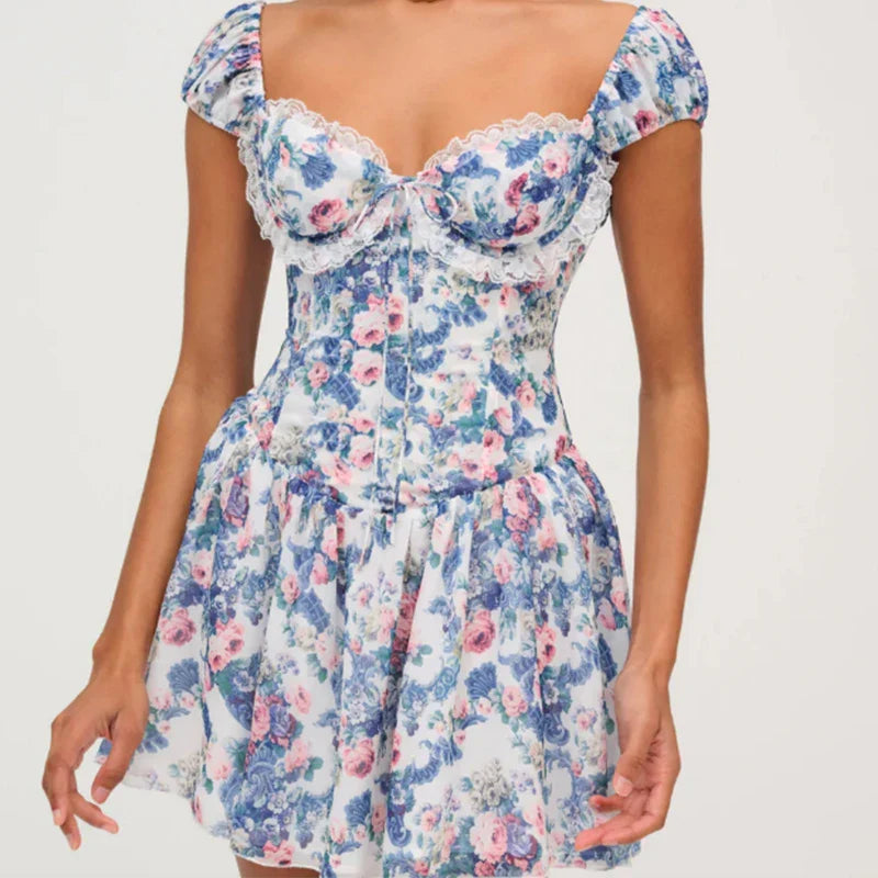 Blue Printed Short Sleeve Bustier Mini Dress