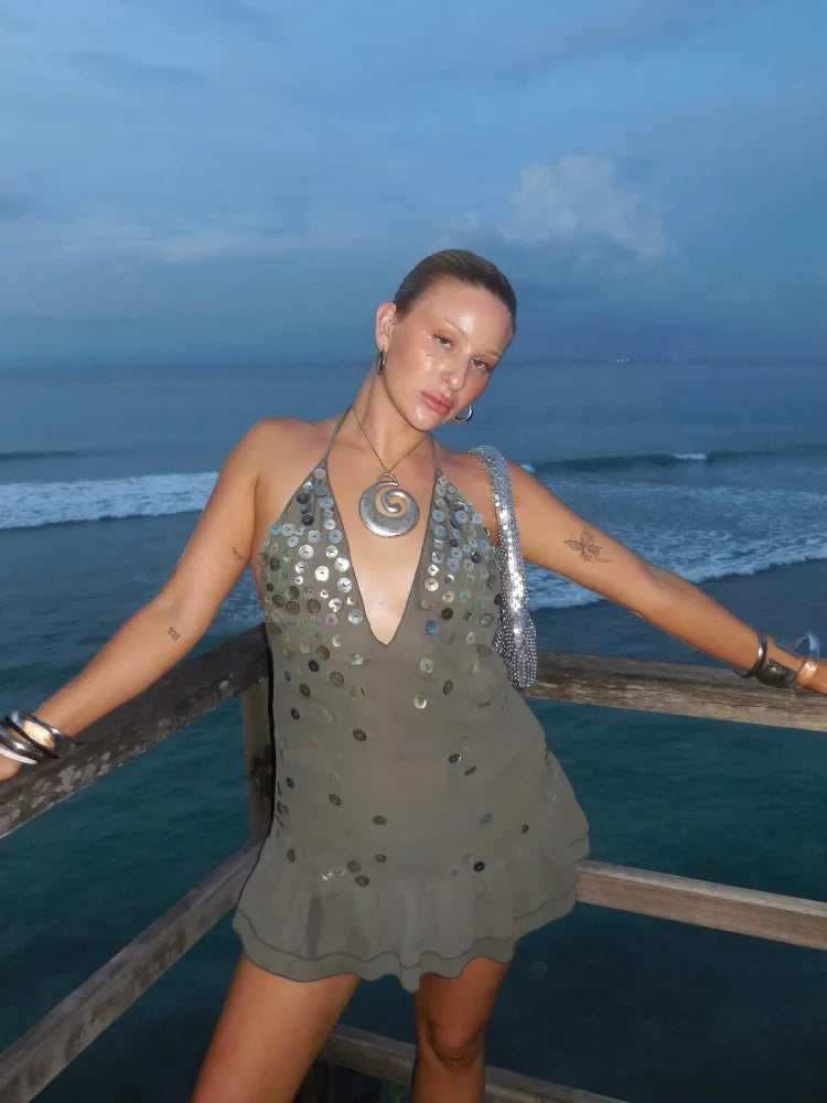 Grey Halter Bead Sequin Mesh Mini Dress