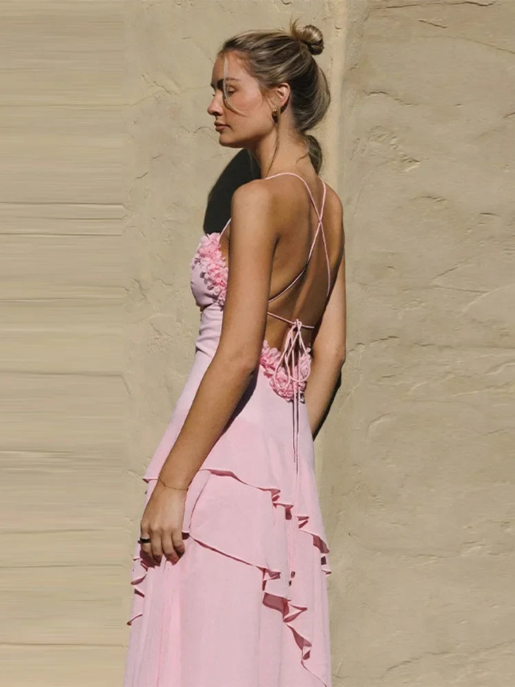 Pink Frill Layered Strap Maxi Dress