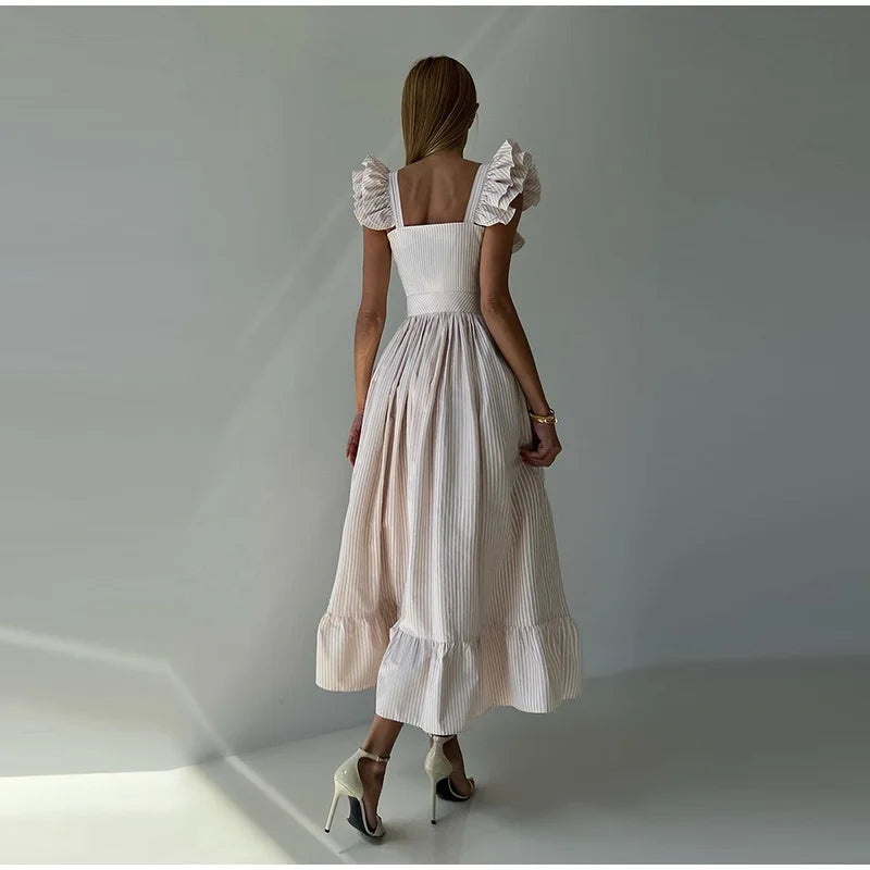 Ruffles Striped Square Collar Buttoned Long Dress