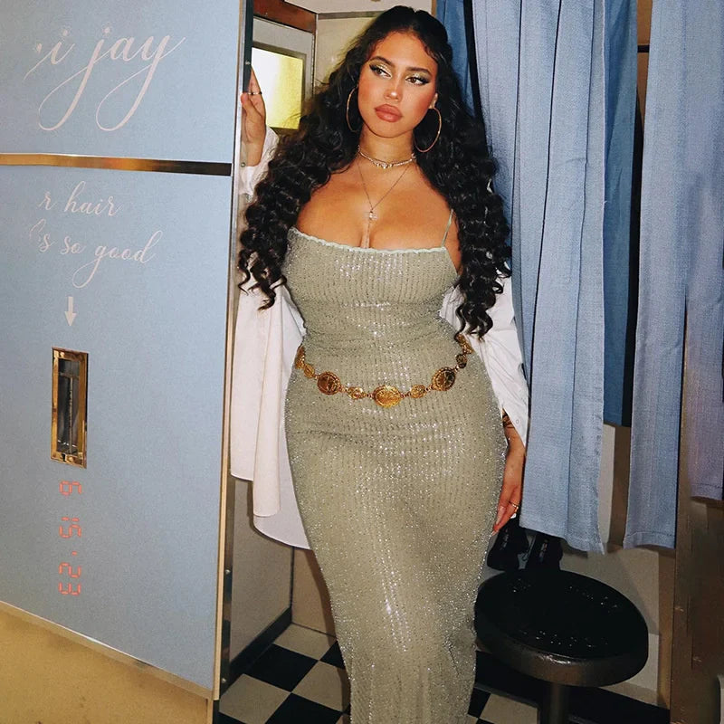 Sequin Spaghetti Strap Midi Dress
