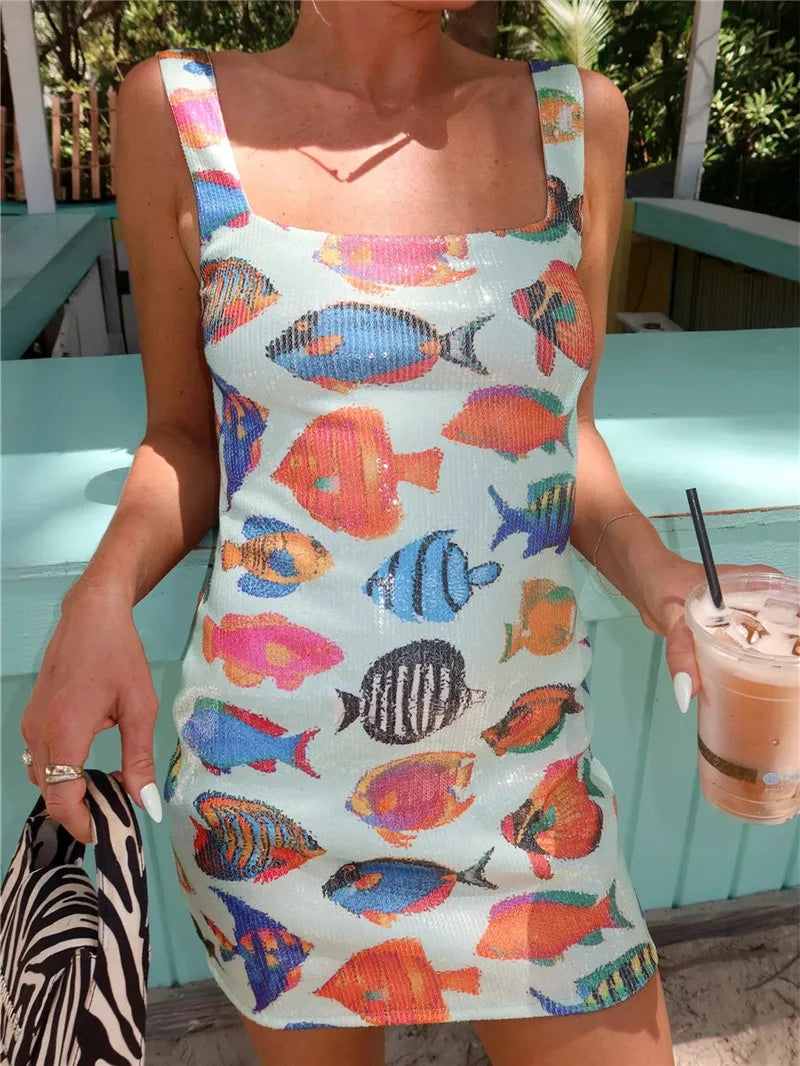 Sequin Square Collar Fish Print Mini Dress