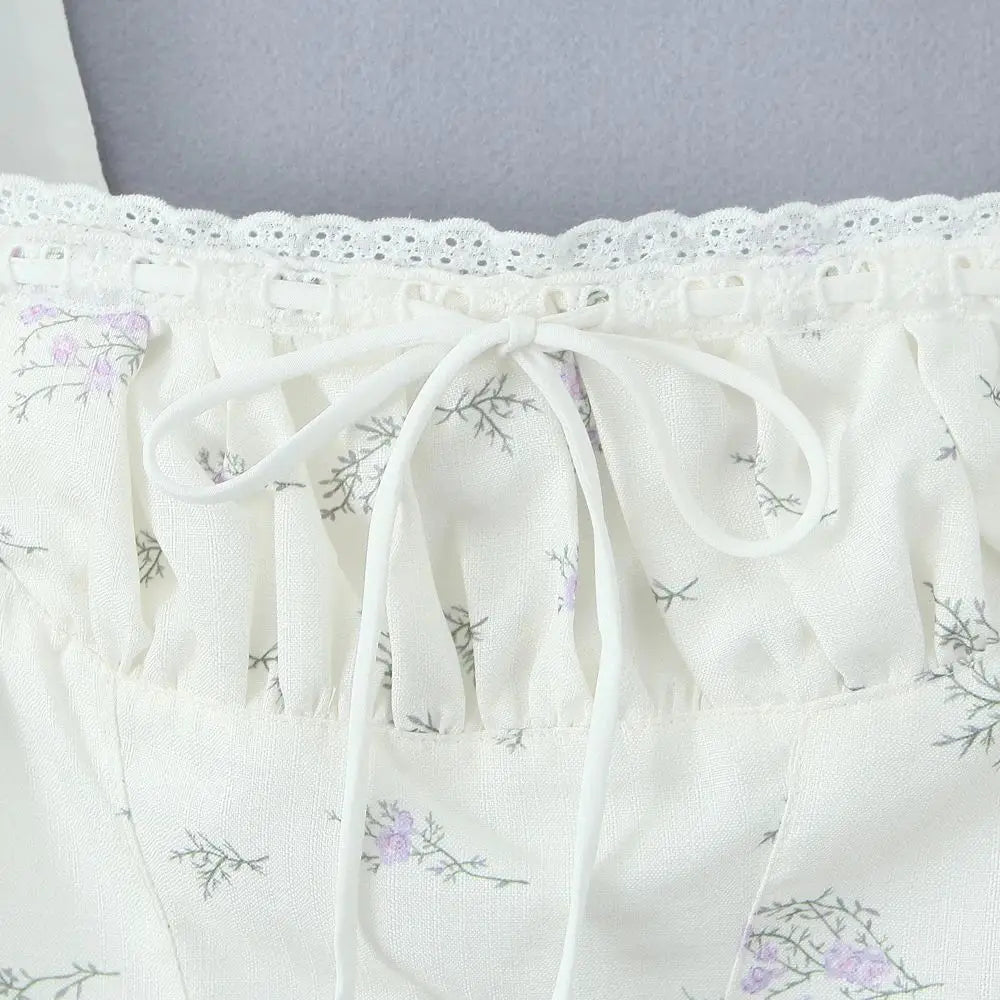 White Floral Print Tie Up Top