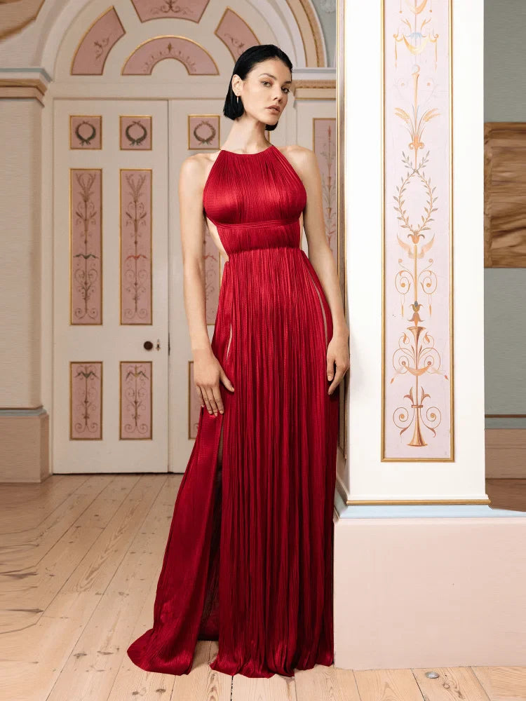 Red Pleated Halter Open Back Maxi Dress
