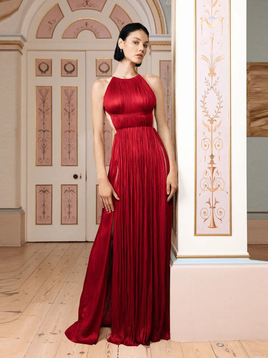Red Pleated Halter Open Back Maxi Dress