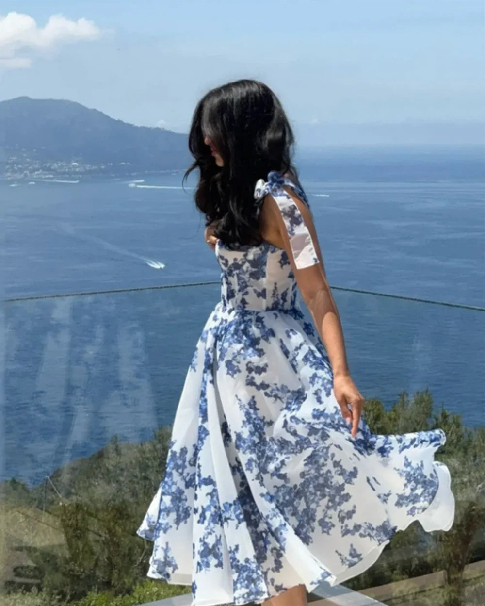 Floral Print Tie Up Buster Flare Mesh Midi Dress