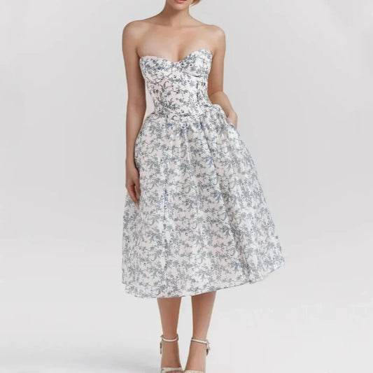 Blue Floral Corset Strapless Midi Dress