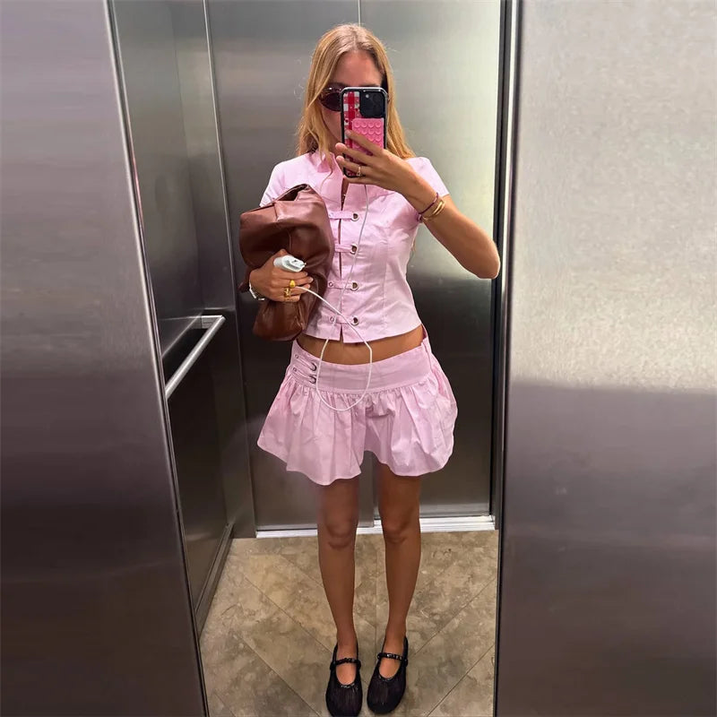 Polo Collar Short Sleeve Top And Mini Skirt Set