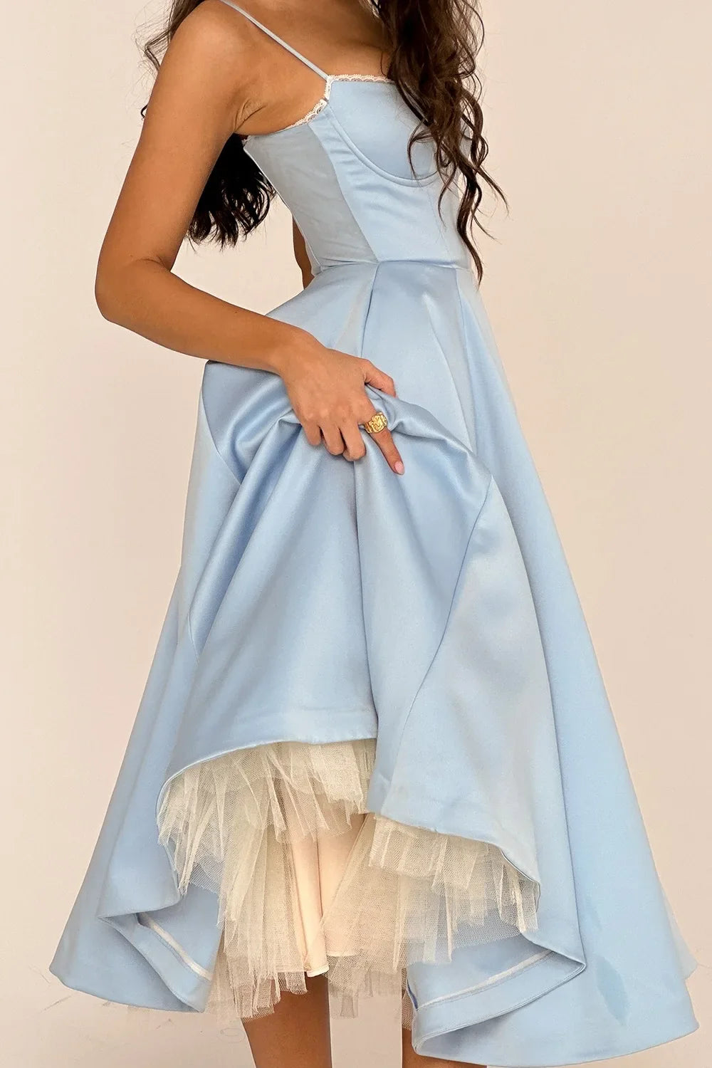 Satin Bustier Strap Tulle Midi Dress