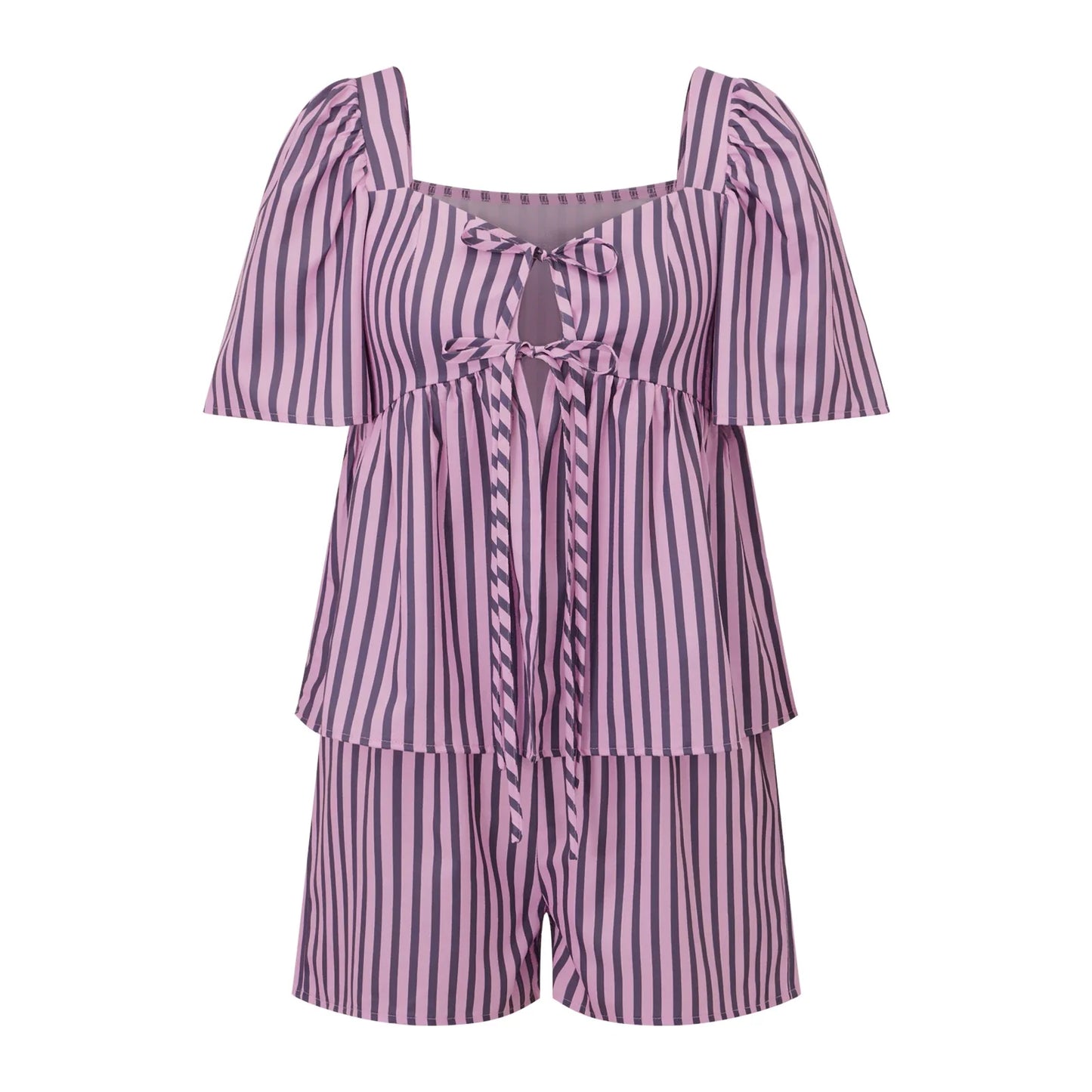 Purple Striped Print Short Sleeve Front Tied Tops And Shorts Set