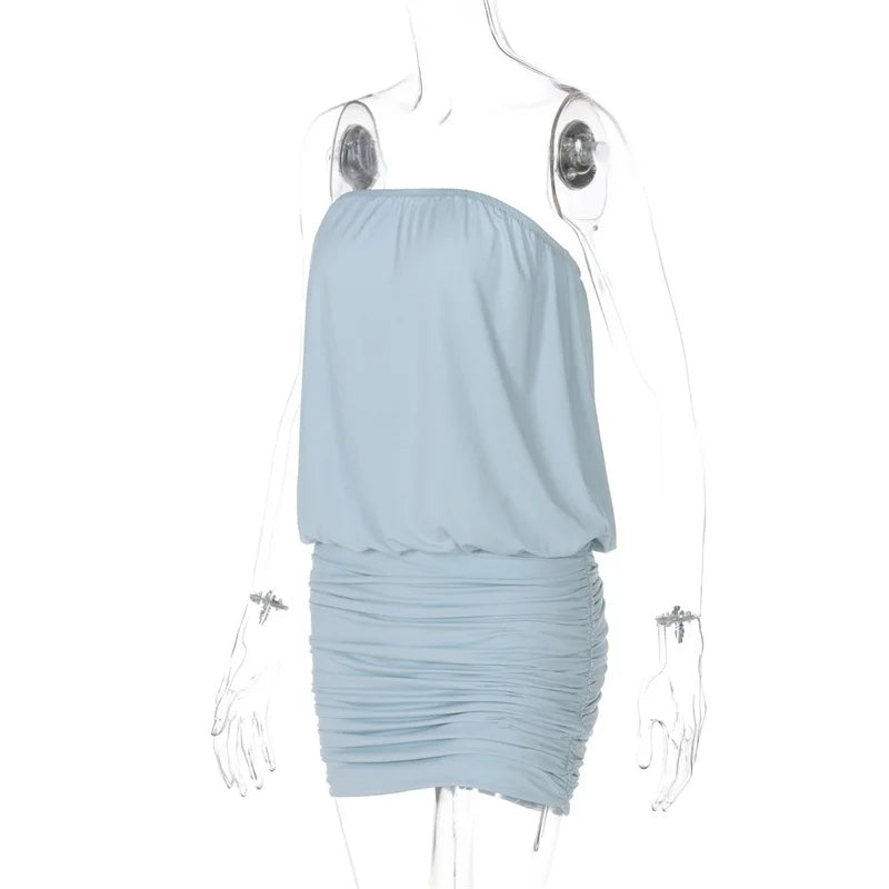 Blue Strapless Puff Drawstring Mini Dress