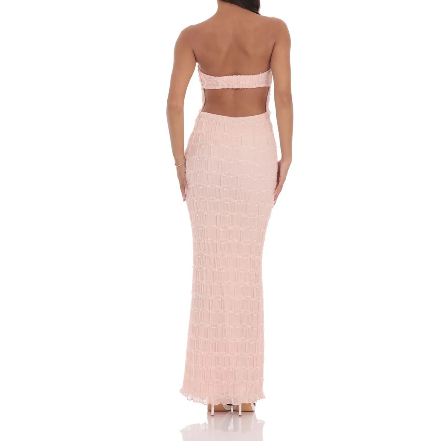 Pink Ruched Bust Backless Cutout Strapless Long Dress