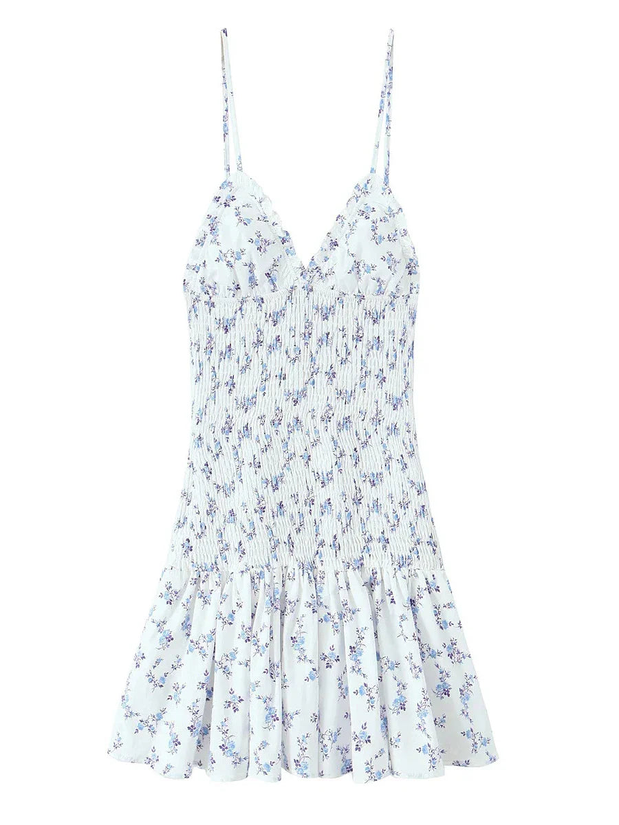 Printing Pleated V Neck Elastic Mini Dress