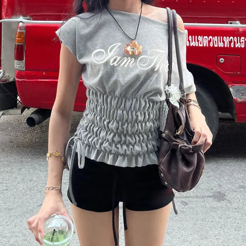 Ruched Drawstring Letter Print Grey Graphic Tee