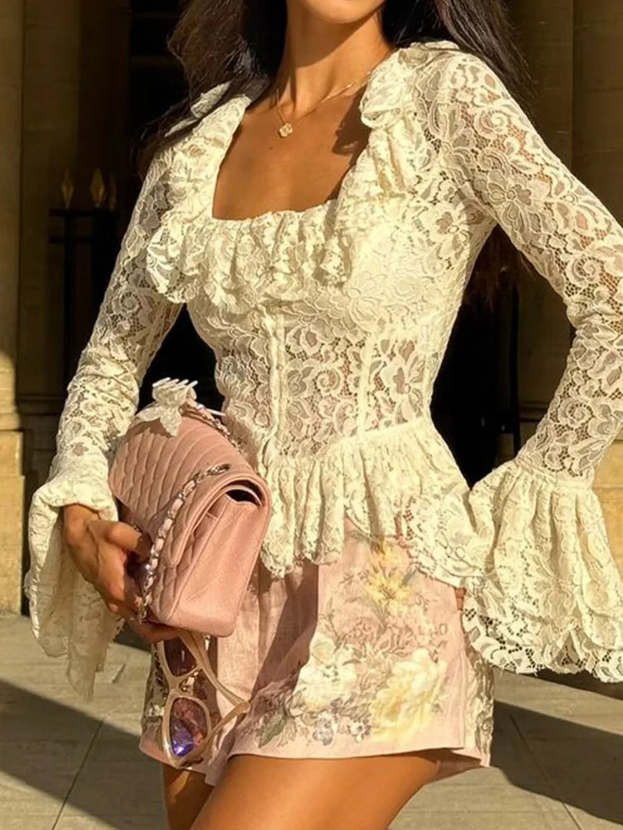 White Lace Ruffle Sleeve Top