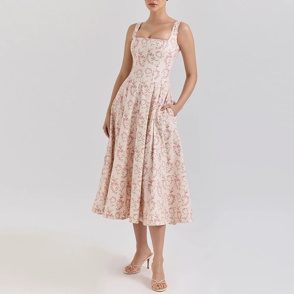 Pink Floral Print Lace Up Square Neck Midi Dress