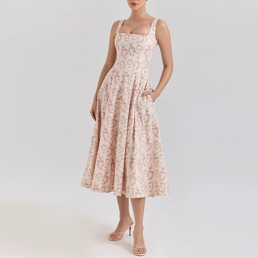 Pink Floral Print Lace Up Square Neck Midi Dress