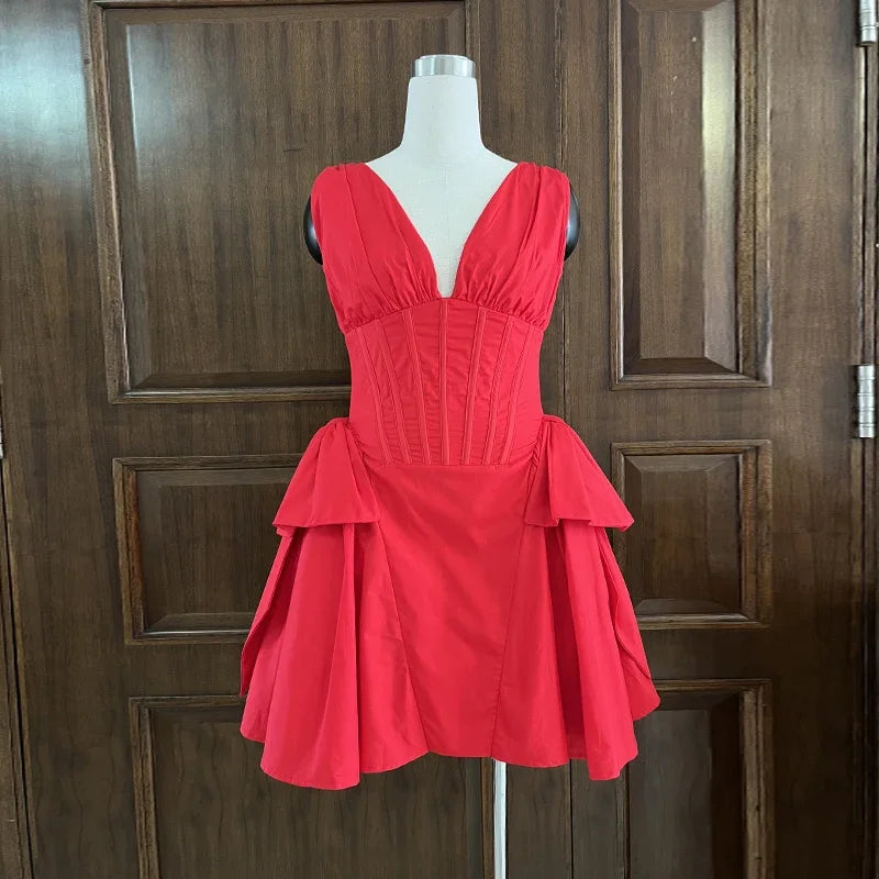 Red V-neck Pleated Mini Dress