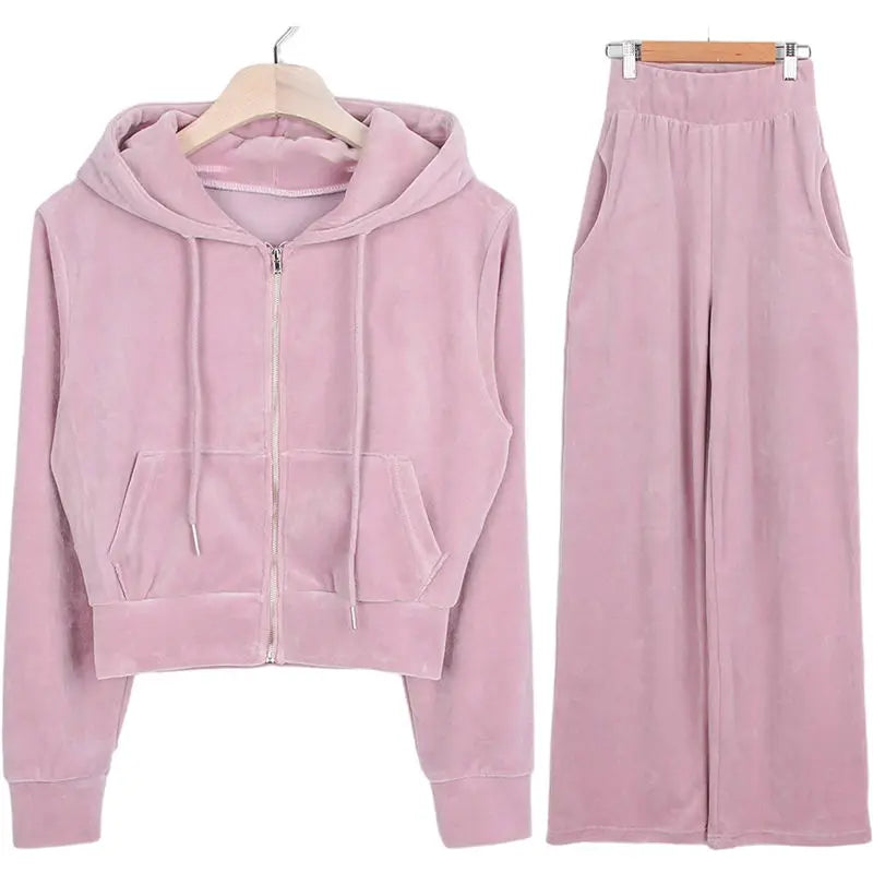 Velvet Hooded Zipper Crop Jackets And High Waist Straight Wide Leg Pants Set
