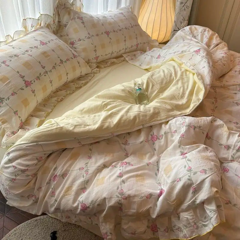 Korean Princess Duvet Cover Set Skin Friendly Wash Cotton Bedding Set Of Four Pieces Lace Bedin Set Bed Sheets Comforter Cover