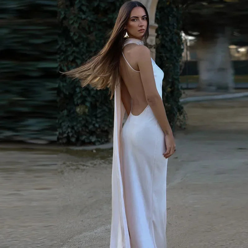 Satin Long Draped Halter Maxi Dress