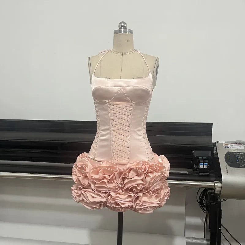 Pink Satin Corset And Frill 3d  Flower Mini Dress