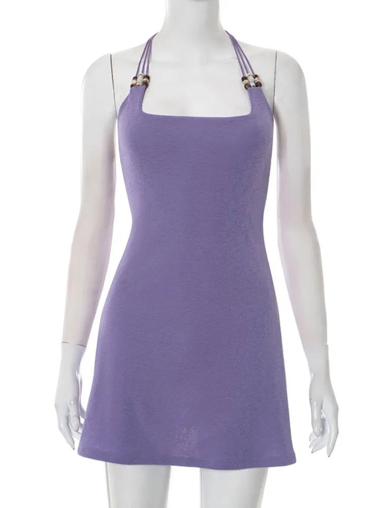 Purple Halter Beaded Mini Dress