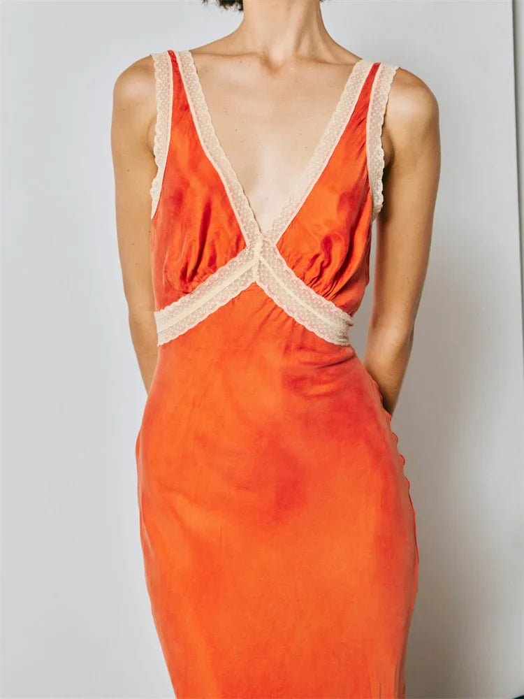 Lace Patchwork V-Neck Maxi Dress