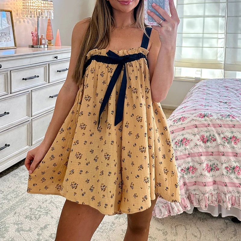 Tie-Up Ruffle Print Babydoll Mini Dress - Casual A-Line