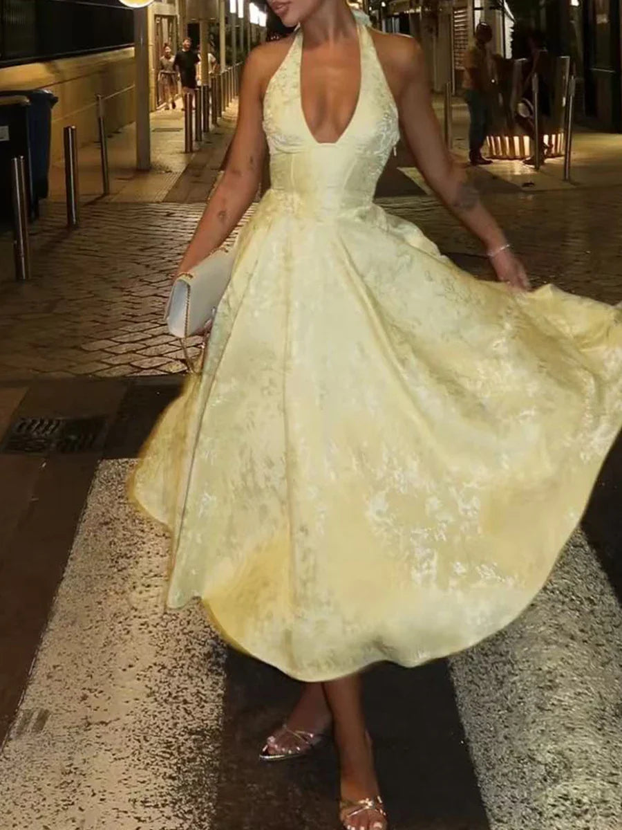 Satin Jacquard Deep Neck Print Flare Maxi Dress