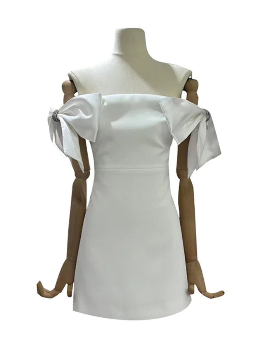 White Bowknot Strap Off-shoulder Mini Dress