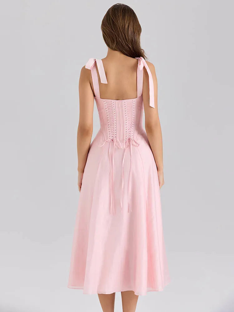 Pink Tie Strap Back Lace Up Midi Dress