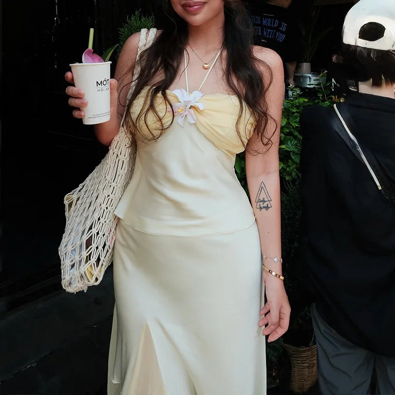 Beige Floral Frill Halter Midi Dress