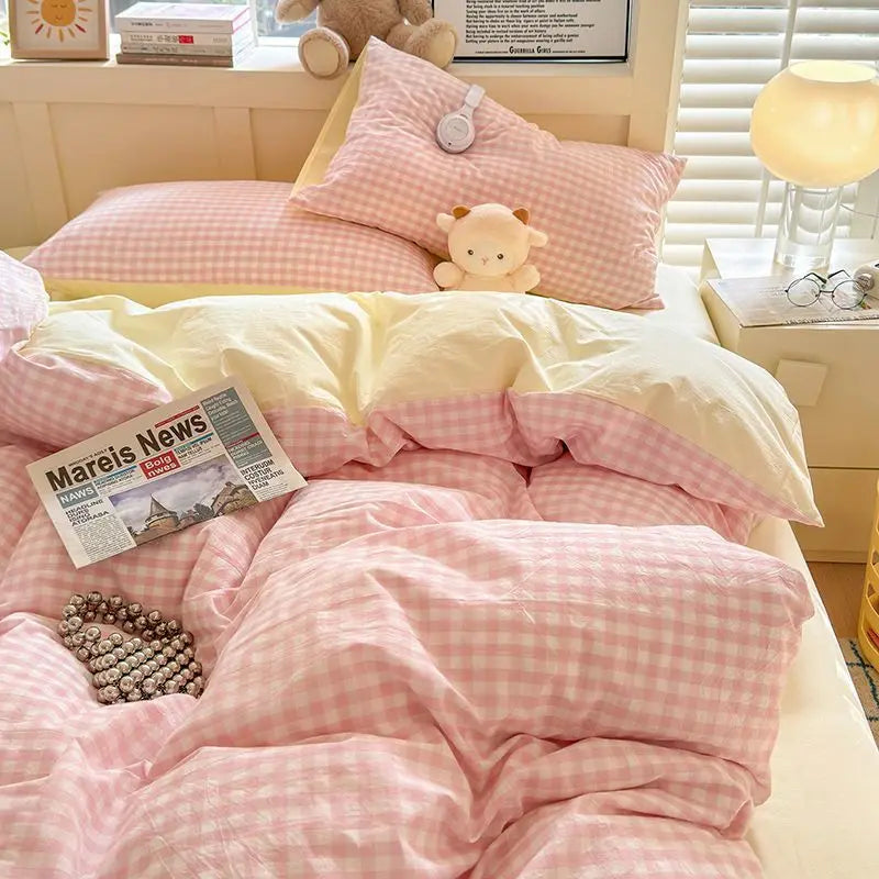 Pink Duvet Cover Set Classic Plaid Twin Queen Size Girls Boys Flat Sheet Pillowcase No Filler Soft Home Decor Bedding Set